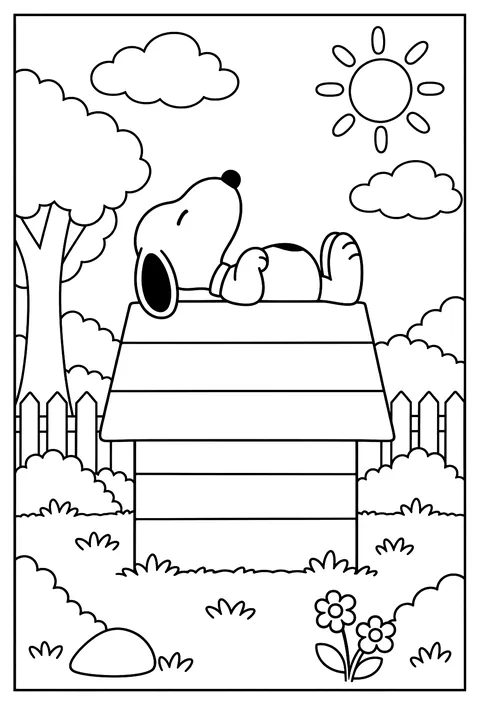 Snoopy lying on top of his red doghouse with his nose pointed in the air coloring page