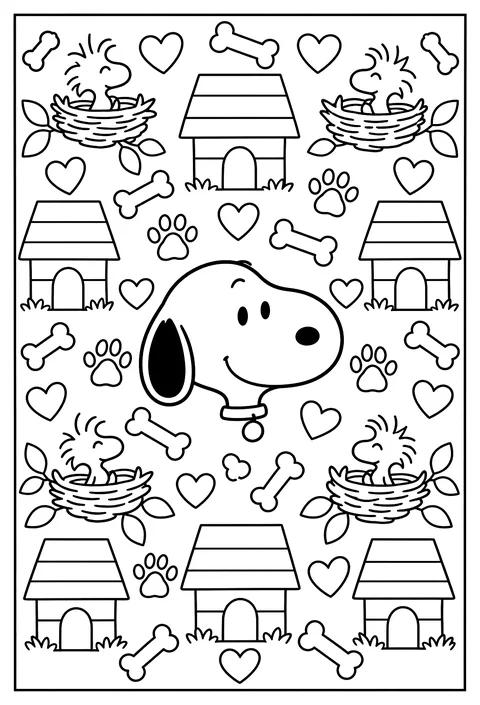 A pattern page of doghouses, bird nests, hearts and bones around Snoopy's face coloring page