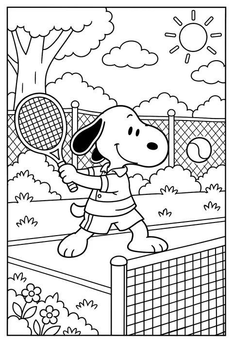 Snoopy playing tennis, mid-swing with a racket and a ball coloring page