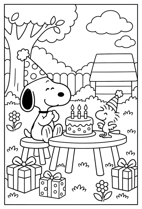 Snoopy's birthday party with a small cake, lit candles and party hats, Woodstock beside him coloring page
