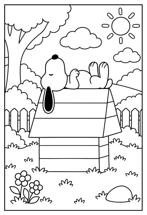 Snoopy sleeping upside down on the peak of his doghouse roof coloring page