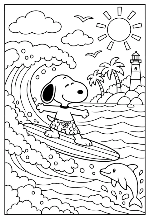 Snoopy surfing on a wave with a surfboard coloring page