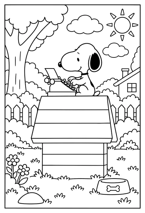 Snoopy typing on a typewriter perched on top of his doghouse coloring page