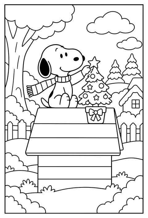 Snoopy wearing a striped scarf beside a small decorated Christmas tree on his doghouse roof coloring page