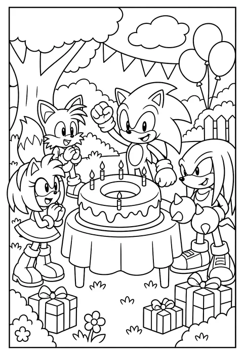 Sonic and friends at a birthday party with a cake shaped like a ring coloring page