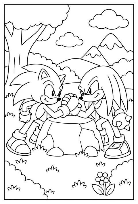 Sonic and Knuckles arm wrestling on a rock coloring page
