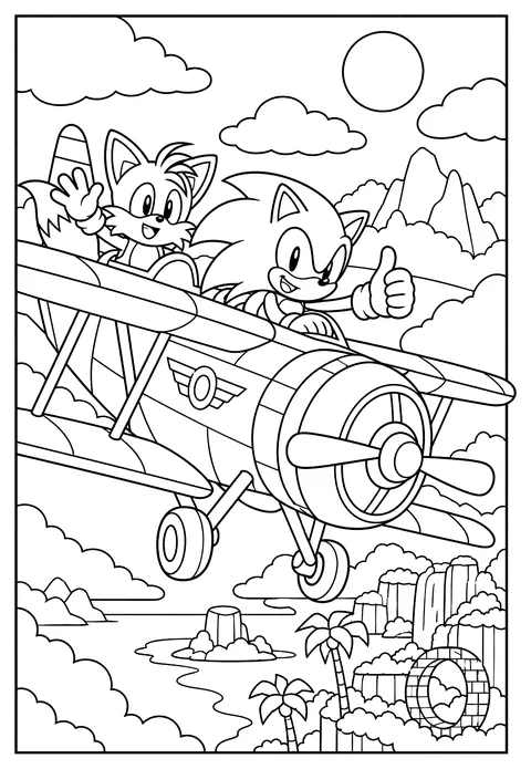 Sonic and Tails flying in the Tornado biplane coloring page