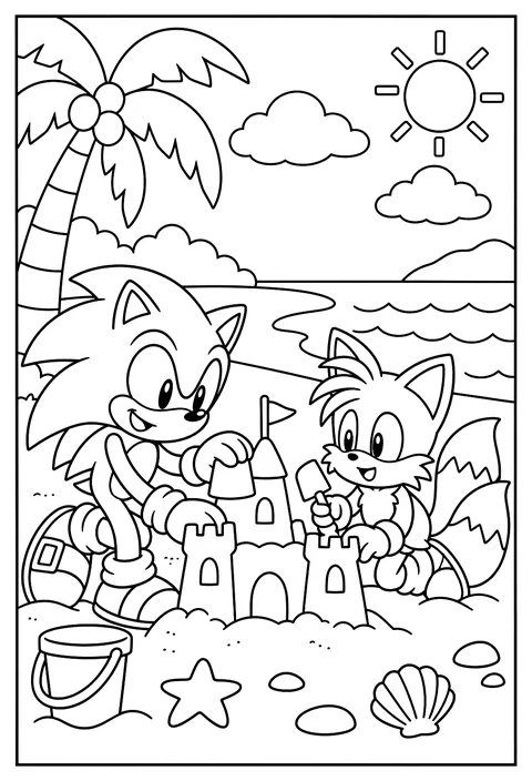Sonic and Tails on a beach with a sandcastle coloring page