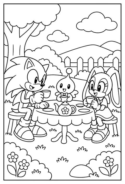 Cream the Rabbit and Cheese the Chao having a tea party coloring page