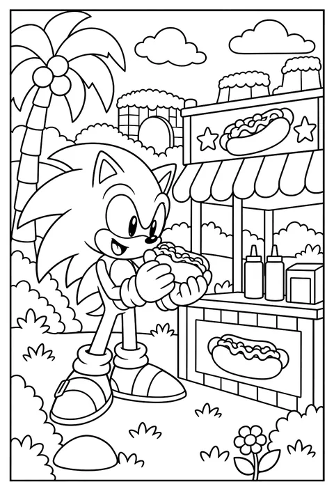 Sonic eating a chili dog at a food stand coloring page