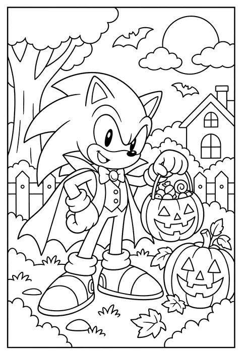 Sonic in a Halloween costume next to a jack-o'-lantern coloring page