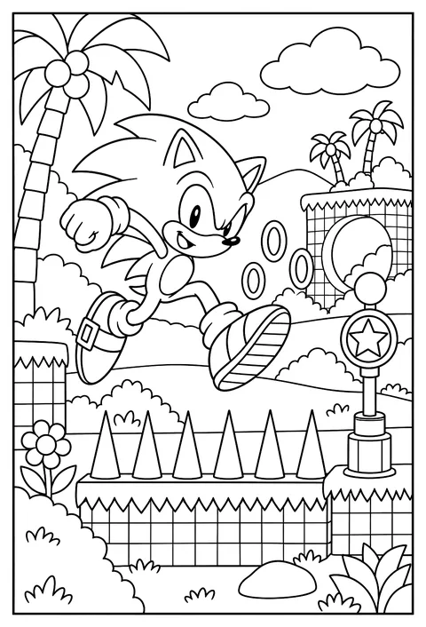 Sonic jumping over spikes with a checkpoint post coloring page