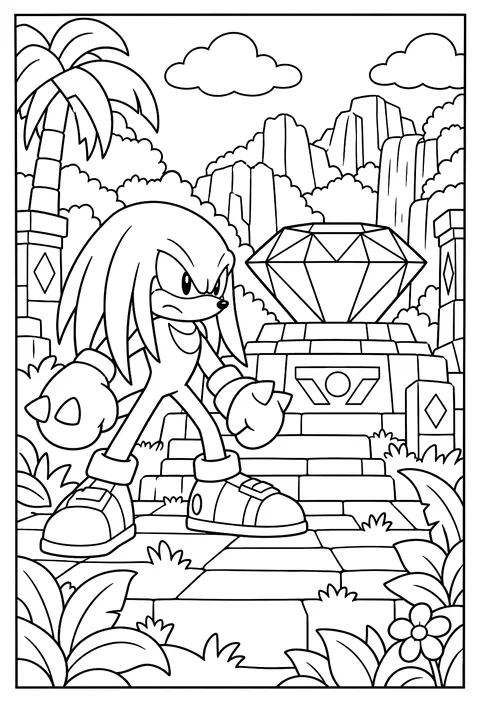 Knuckles guarding the Master Emerald on a stone altar coloring page