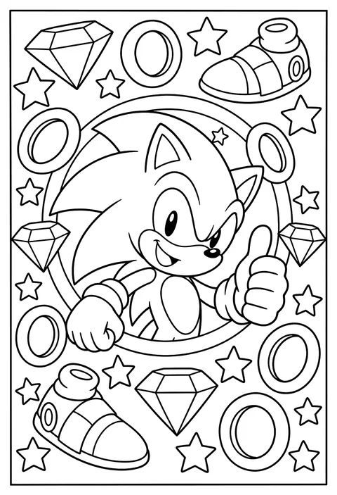 A pattern page of rings, emeralds, sneakers and stars around Sonic's face coloring page