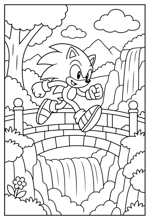 Sonic racing across a bridge over a waterfall coloring page