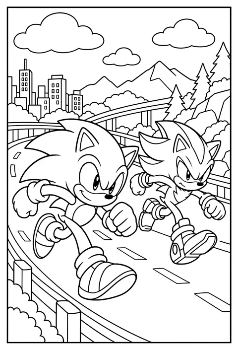 Sonic racing Shadow on a highway coloring page
