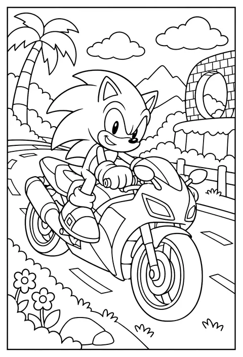 Sonic riding a motorbike coloring page