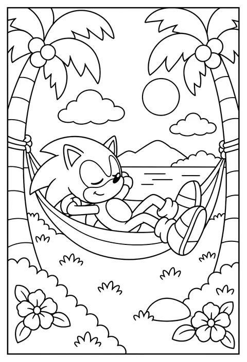 Sonic sleeping in a hammock between palm trees coloring page