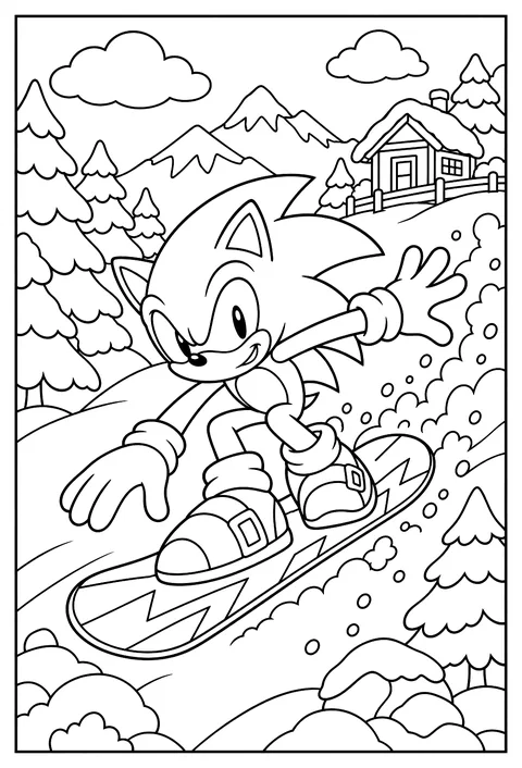 Sonic snowboarding down a snowy mountain coloring page