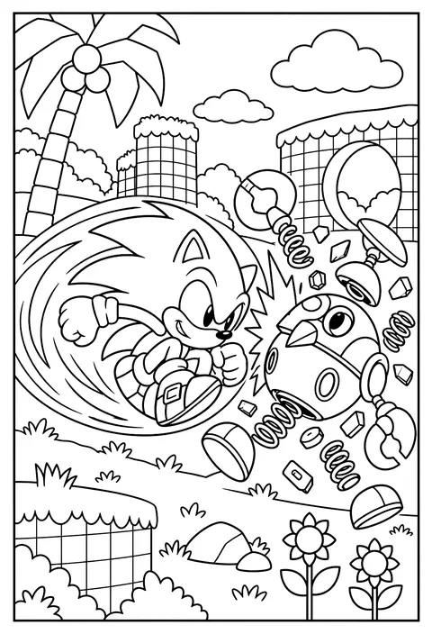 Sonic spin-dashing into a robot, the robot bursting into springs coloring page