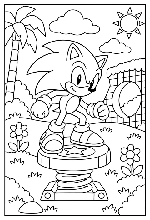 Sonic standing on a spring about to launch coloring page