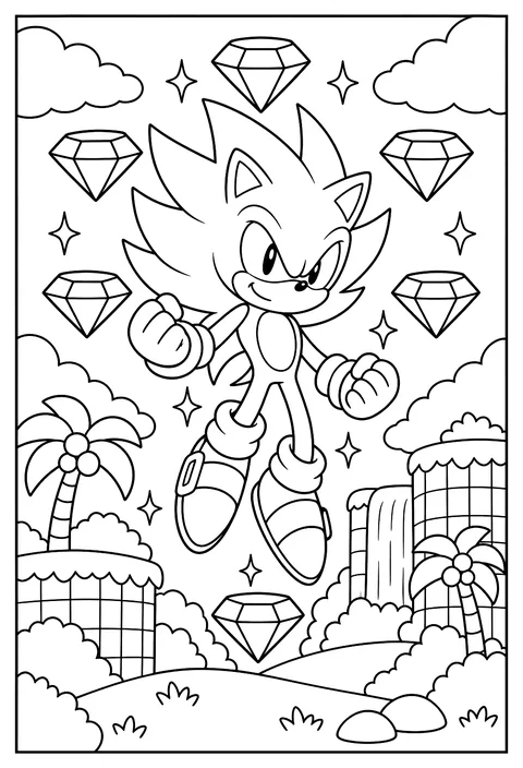 Super Sonic floating with glowing quills and the seven Chaos Emeralds around him coloring page