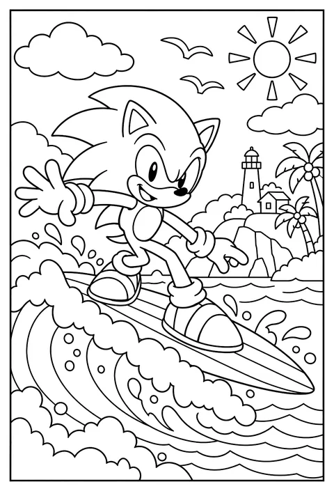 Sonic surfing on a board over a wave coloring page