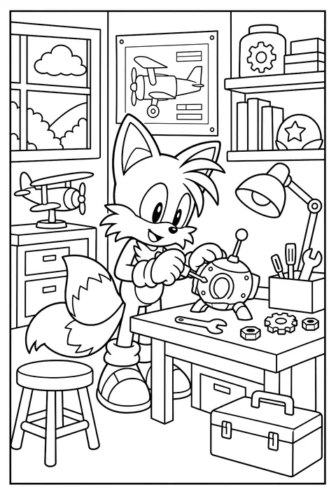 Tails fixing a gadget in his workshop with tools coloring page