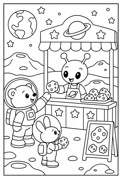 An alien running a snack bar on the moon with a menu of moon rocks coloring page