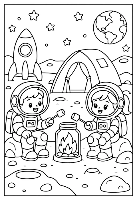 Astronauts camping on the moon with a tent and a campfire in a jar coloring page