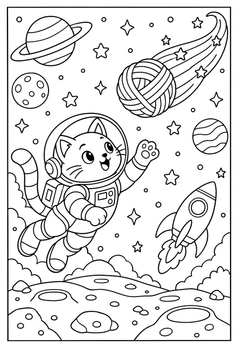A cat astronaut chasing a comet with a tail like yarn coloring page