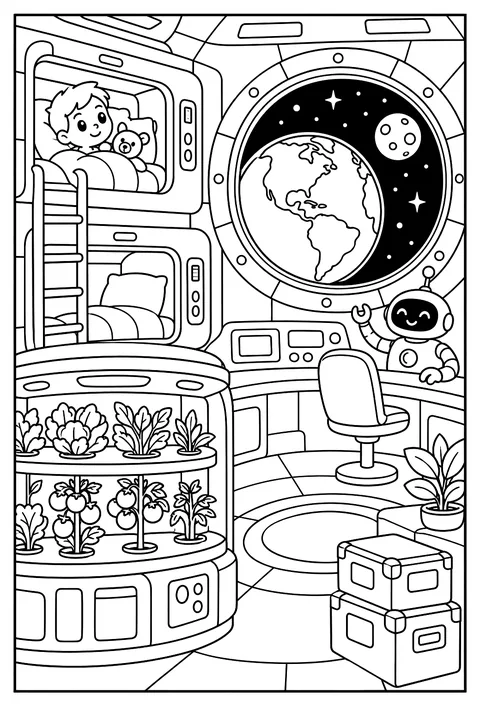 Cutaway of a space station coloring page