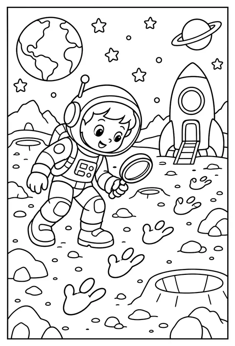A space detective following footprints on the moon coloring page