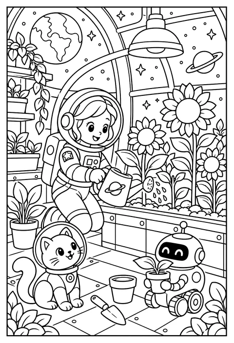 A space gardener growing sunflowers on a greenhouse ship coloring page