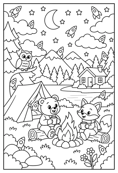Hidden-object page: a night sky with 12 hidden rockets coloring page