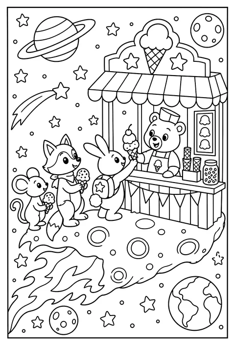 An ice-cream stand on a comet coloring page