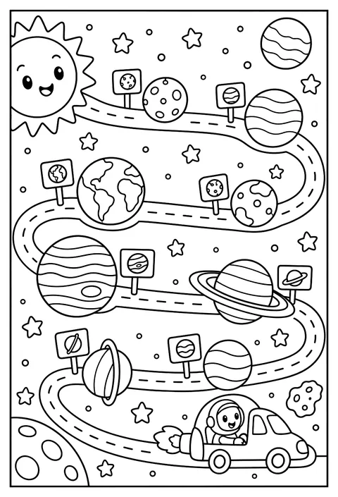 A map of the solar system drawn as a road trip with rest stops on each planet coloring page
