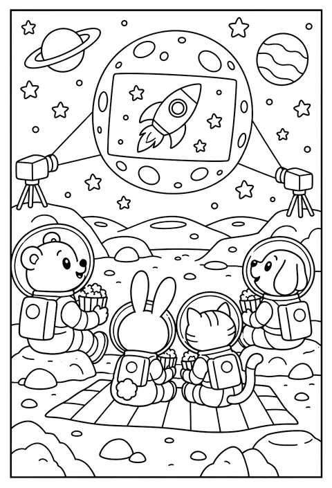 A space movie night watching a screen made of the moon coloring page