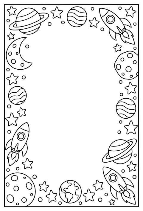 A page-border pattern of stars, planets, rockets and moons around an empty frame coloring page