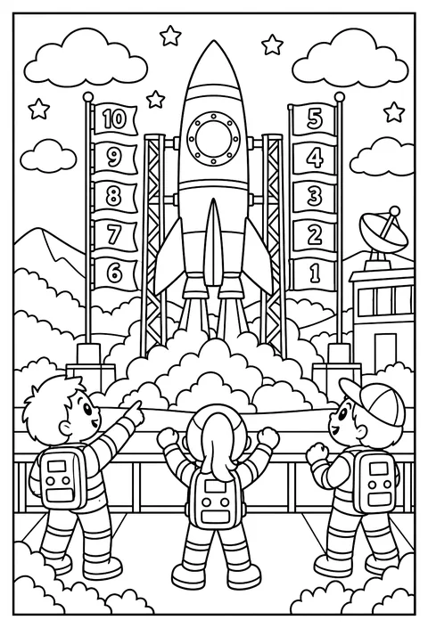 A rocket launch with a countdown from 10 written on flags coloring page