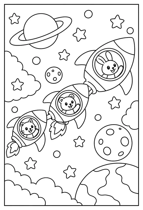 A rocket train: a chain of rockets through the stars coloring page