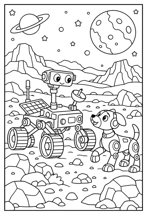 A rover and a robot dog exploring mars together coloring page
