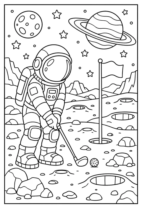 An astronaut playing golf on the moon coloring page