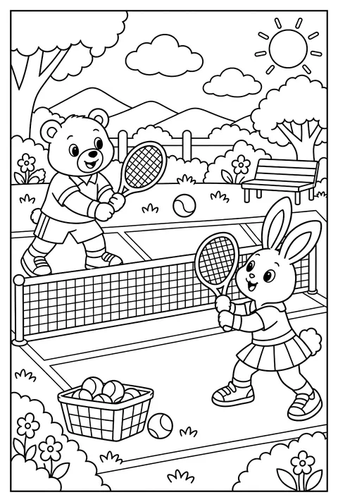 A bear and a rabbit playing tennis coloring page