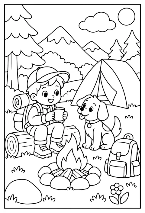 Camping after a hike with a climbing rope coloring page