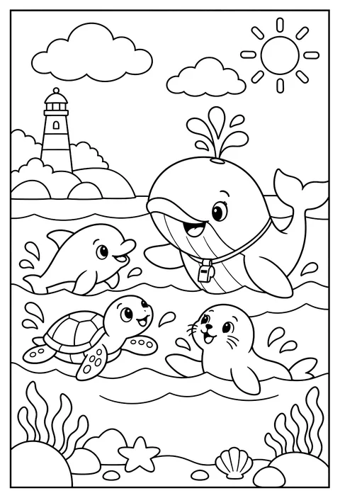 A coach whale teaching swimming coloring page