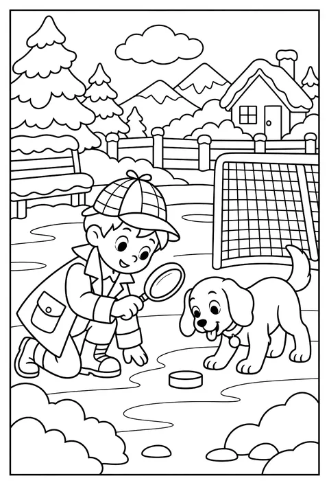 A detective finding the missing hockey puck coloring page