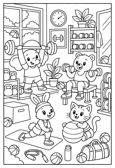 Hidden-object page: a gym with 12 hidden balls coloring page