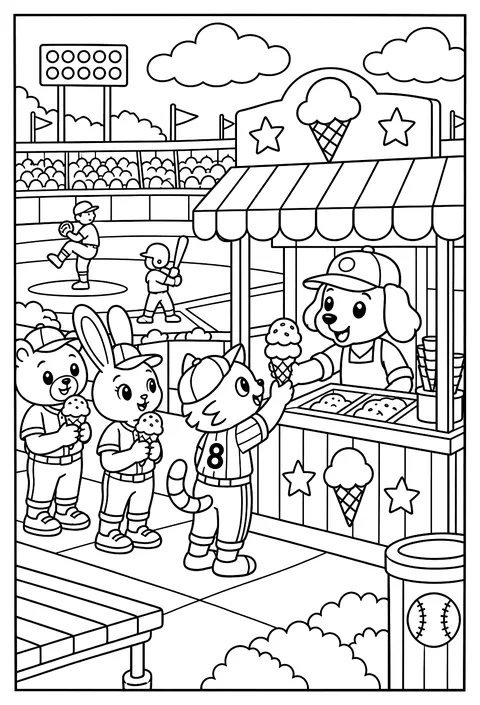 An ice-cream stand at a baseball game coloring page