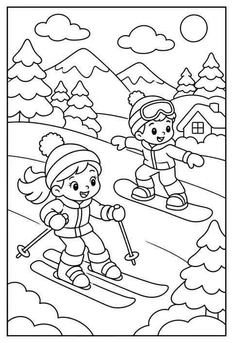 Kids skiing and snowboarding down a hill coloring page